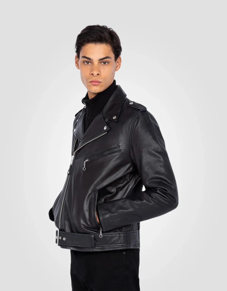 Black perfecto jacket with belt, cowhide leather