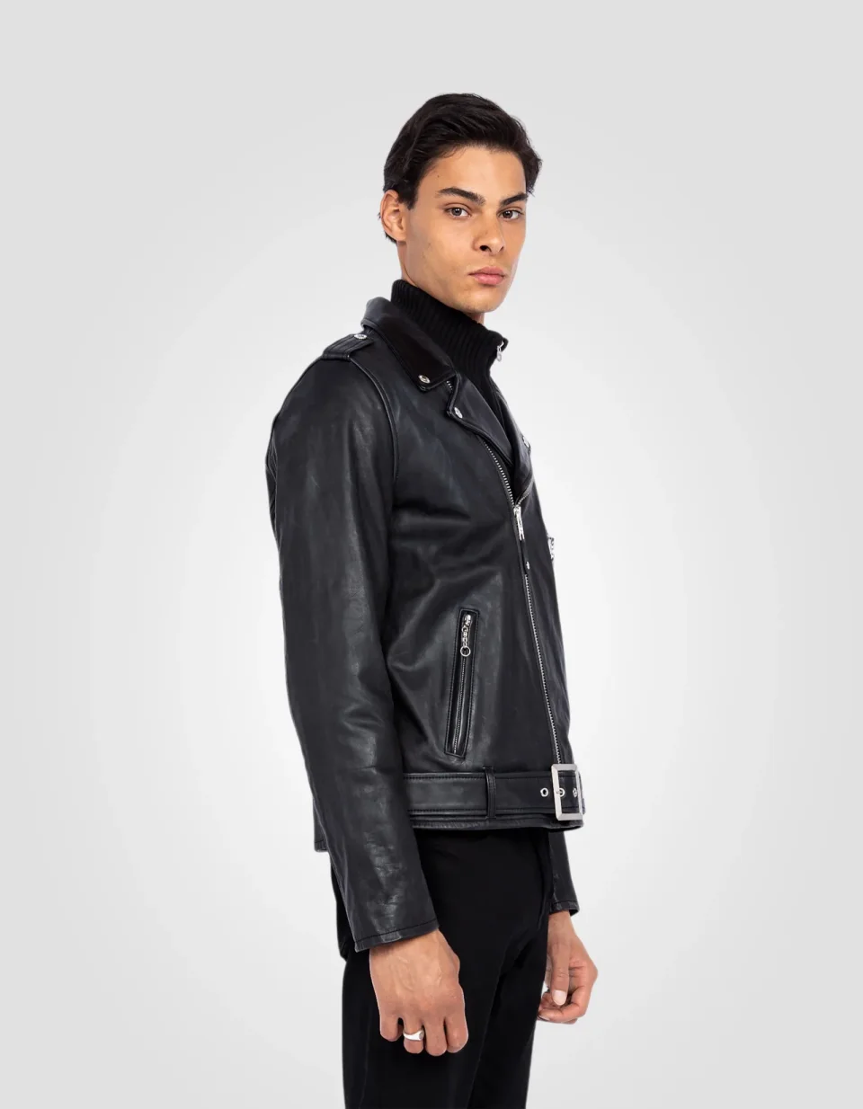 Black perfecto jacket with belt, cowhide leather