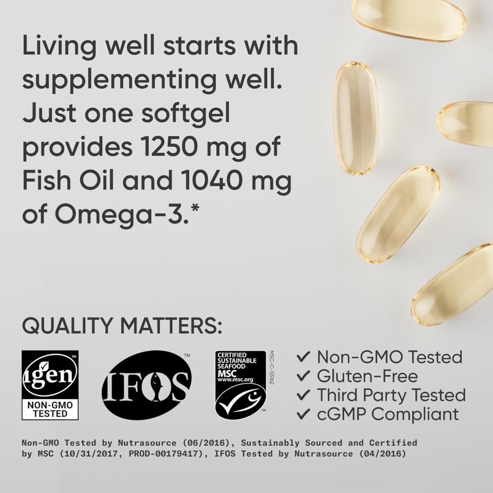 Sports Research® Omega-3 Fish Oil 1250 - Triple Strength Fish Oil Supplement from Wild Alaska Pollock - MSC Certified Sustainable