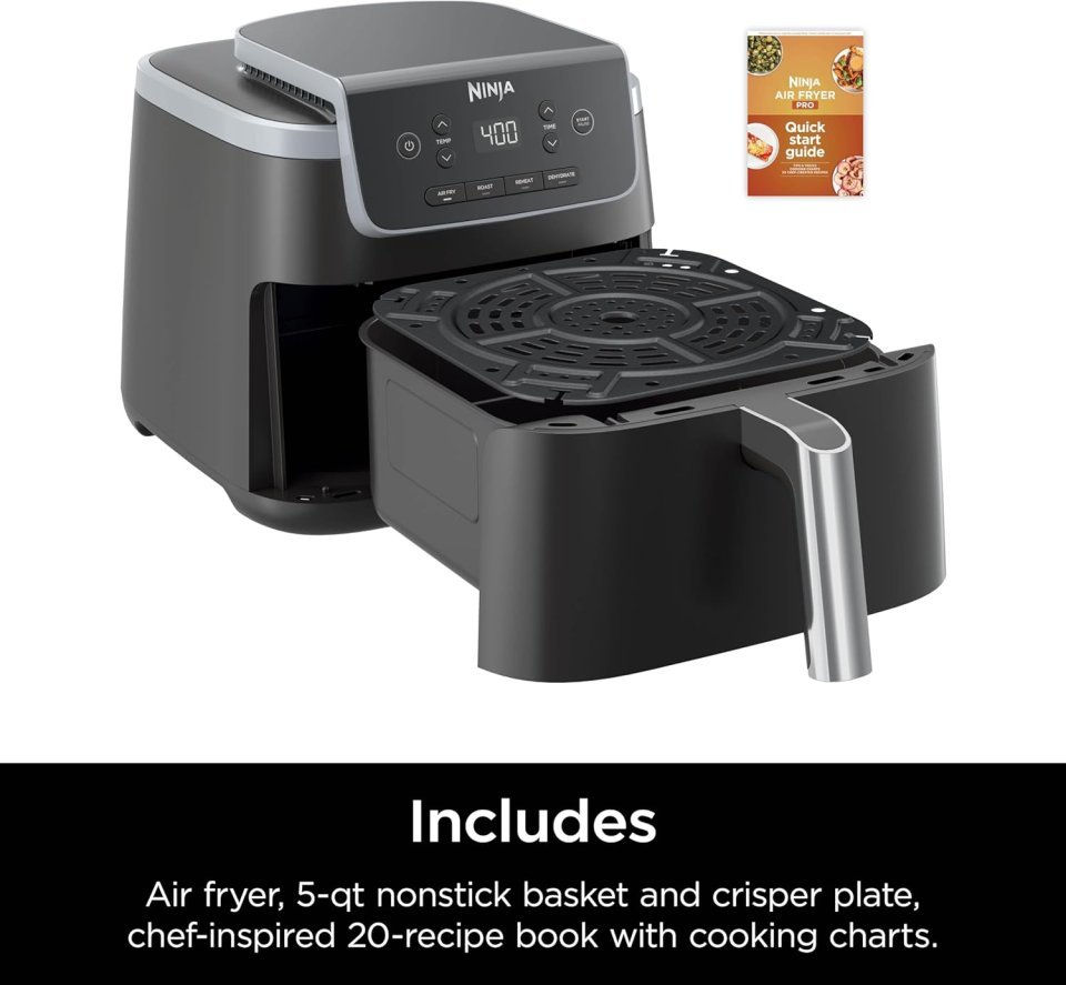 Ninja Air Fryer with Air Crisp | 5 QT Capacity fits up to 4lbs of Fries | 4-in-1 Pro Air Fry, Roast, Reheat, Dehydrate | 400°F Max Temp | 1750 Watts | W/Nonstick Basket & Crisper Plate | Grey | AF141
