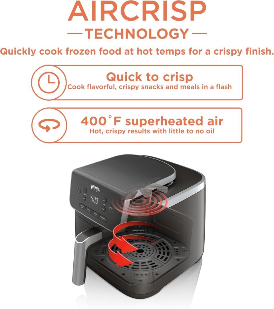 Ninja Air Fryer with Air Crisp | 5 QT Capacity fits up to 4lbs of Fries | 4-in-1 Pro Air Fry, Roast, Reheat, Dehydrate | 400°F Max Temp | 1750 Watts | W/Nonstick Basket & Crisper Plate | Grey | AF141