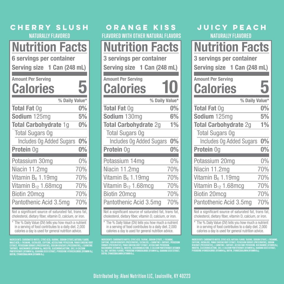 Alani Nu VARIETY PACK (CHERRY SLUSH, JUICY PEACH, ORANGE KISS), Low Calorie Energy Drinks, 100mg Caffeine, Biotin, B Vitamins, Zero Sugar, 10 Calories or Less, 8 Fl Oz Cans, 12 Pack