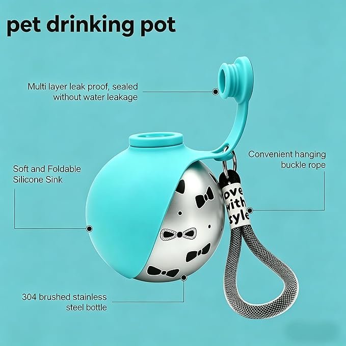 2-in-1 Portable Dog Water Bottle with Bowl, 10oz Stainless Steel Travel Pet Water Dispenser, No-Spill Leak-Proof Design with Silicone Bowl, Perfect for Walking, Hiking, and Travel (Blue A)