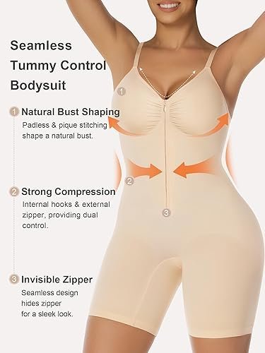 SHAPERX Women's Shapewear Bodysuit Tummy Control Seamless Zip-Up Body Shaper Waist Defining Silhouette
