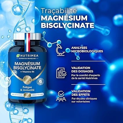 Magnesium Bisglycinate + Vitamin B6 - Sleep, Stress, Fatigue - Maximum Absorption & Easy Assimilation - 90 Vegan Capsules - Nutrimea - Made in Franc