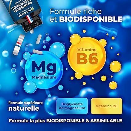 Magnesium Bisglycinate + Vitamin B6 - Sleep, Stress, Fatigue - Maximum Absorption & Easy Assimilation - 90 Vegan Capsules - Nutrimea - Made in Franc