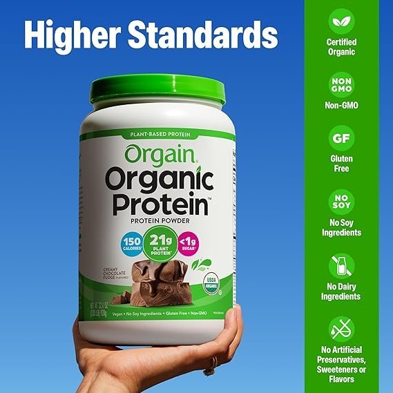 Orgain Organic Vegan Protein Powder, Creamy Chocolate Fudge - 21g Plant Protein, 6g Prebiotic Fiber, Low Net Carb, No Lactose Ingredients, No Added Sugar, Non-GMO, For Shakes & Smoothies, 2.03 lb
