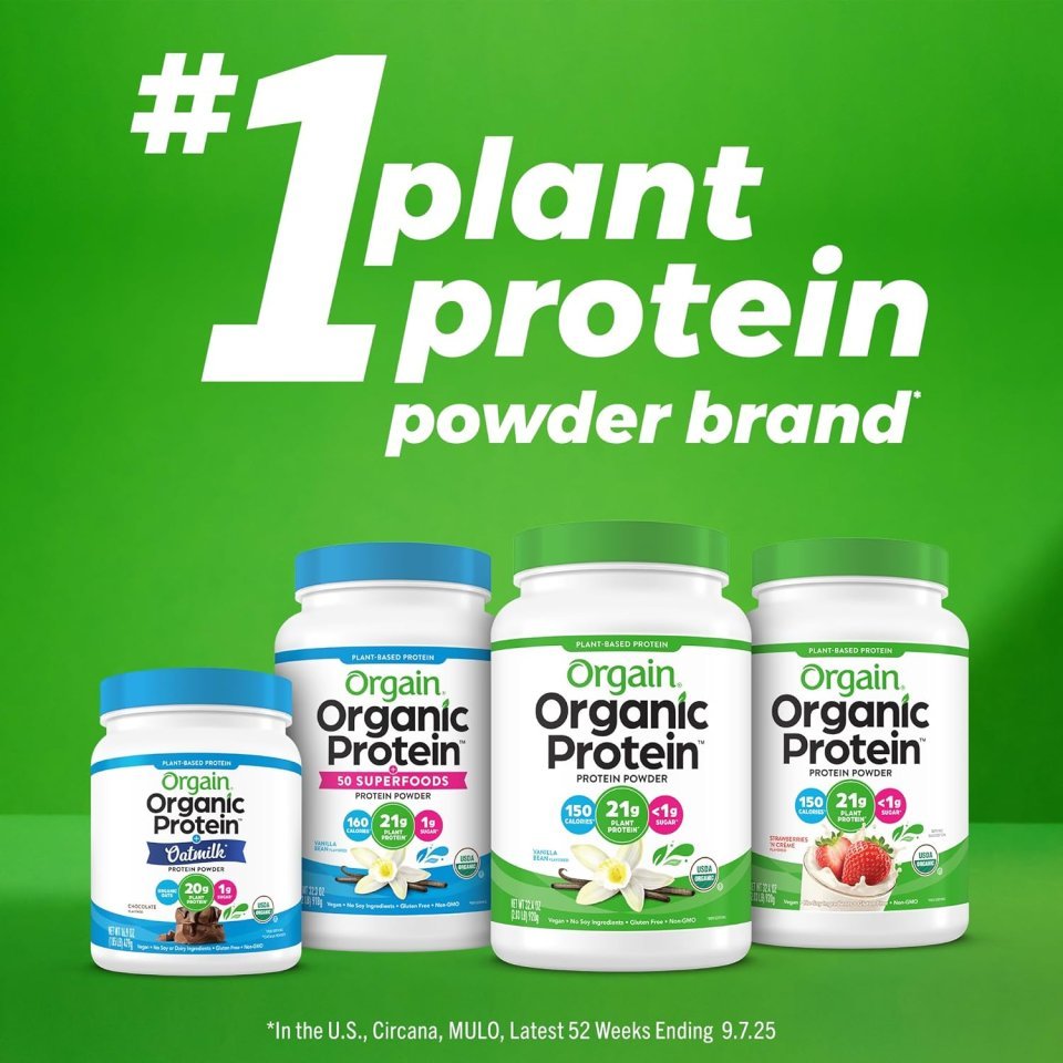 Orgain Organic Vegan Protein Powder, Creamy Chocolate Fudge - 21g Plant Protein, 6g Prebiotic Fiber, Low Net Carb, No Lactose Ingredients, No Added Sugar, Non-GMO, For Shakes & Smoothies, 2.03 lb