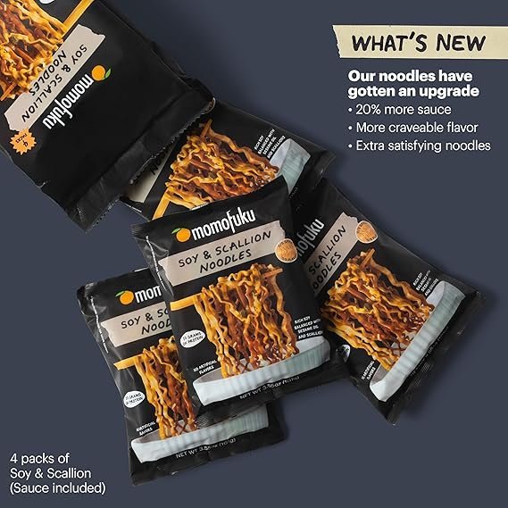 Momofuku Soy and Scallion Ramen Noodles by David Chang, 4 Pack of Restaurant Quality Air-Dried Instant Noodles Now with More Sauce & 10g of Protein