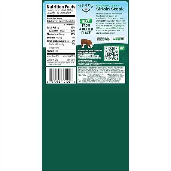 Verde Farms, Beef Sirloin Steaks, Organic, Grass-Fed | 0.75 lbs |Pack of 2
