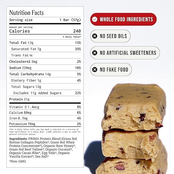 PRIMA Cookie Dough Protein Bar | 21g Grass Fed Whey and Collagen | No Seed Oils, No Preservatives, Raw Honey Sweetened | 7 Pack