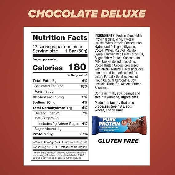 Pure Protein Chocolate Deluxe Protein Bars – 21g Protein, 3g Sugar, 190 Calories (12 count) Low Sugar* High Protein Snack - Gluten Free - Perfect for a Healthy Snack