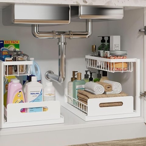 Buy 2-Pack Under Sink Organizer with Pull-Out Shelves Online | 2-Tier Metal Cabinet Storage Organizer White