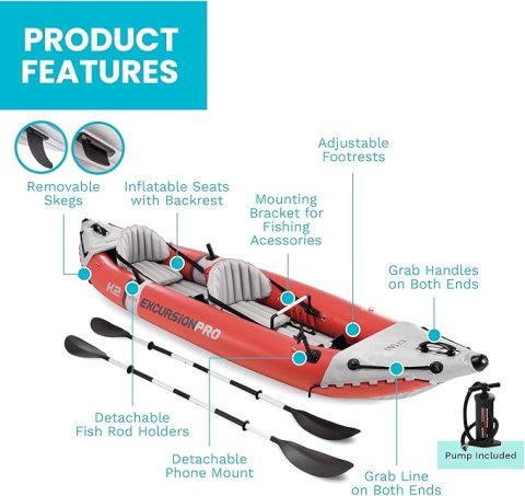 Buy INTEX Excursion Pro K2 Inflatable Kayak Set Online | 2-Person Fishing & Recreational Kayak with Paddles & Pump