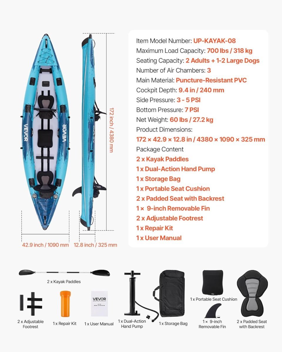 Buy VEVOR 2-Person Inflatable Kayak Online | 14'4" Family Touring Kayak with Pump, Paddles & Carry Bag
