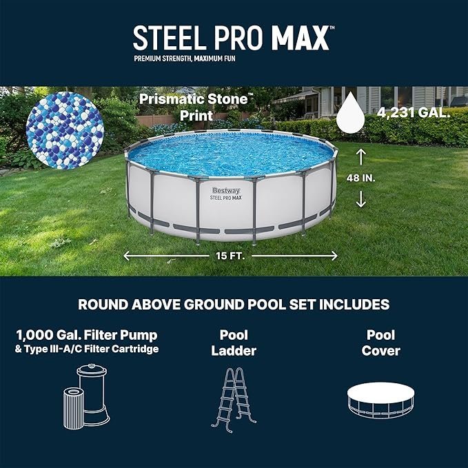 Buy Bestway Steel Pro MAX 15' x 48" Above Ground Swimming Pool Online | Round Family Pool with Filter Pump, Ladder & Cover