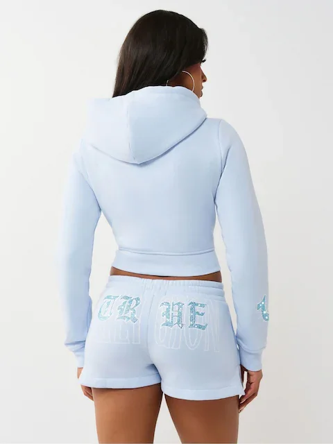 Crystal Embroidered Shrunken Zip Hoodie for Everyday Comfort