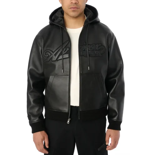 Avirax Script Nappa Leder Hoodie Schwarz – Premium Herren Leder Kapuzenjacke