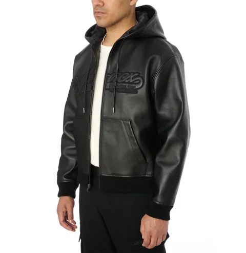 Avirax Script Nappa Leder Hoodie Schwarz – Premium Herren Leder Kapuzenjacke