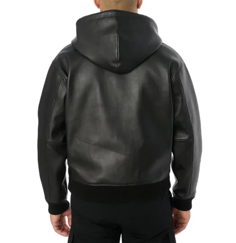Avirax Script Nappa Leder Hoodie Schwarz – Premium Herren Leder Kapuzenjacke