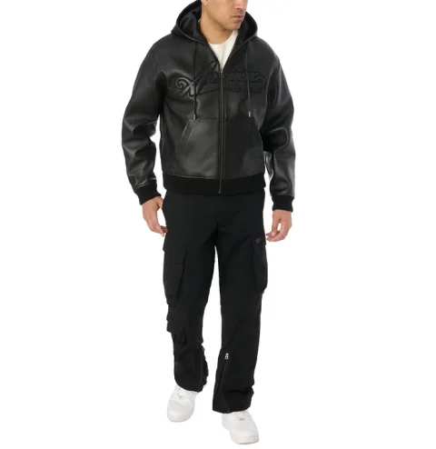 Avirax Script Nappa Leder Hoodie Schwarz – Premium Herren Leder Kapuzenjacke