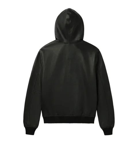 Avirax Script Nappa Leder Hoodie Schwarz – Premium Herren Leder Kapuzenjacke