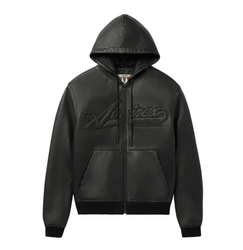 Avirax Script Nappa Leder Hoodie Schwarz – Premium Herren Leder Kapuzenjacke