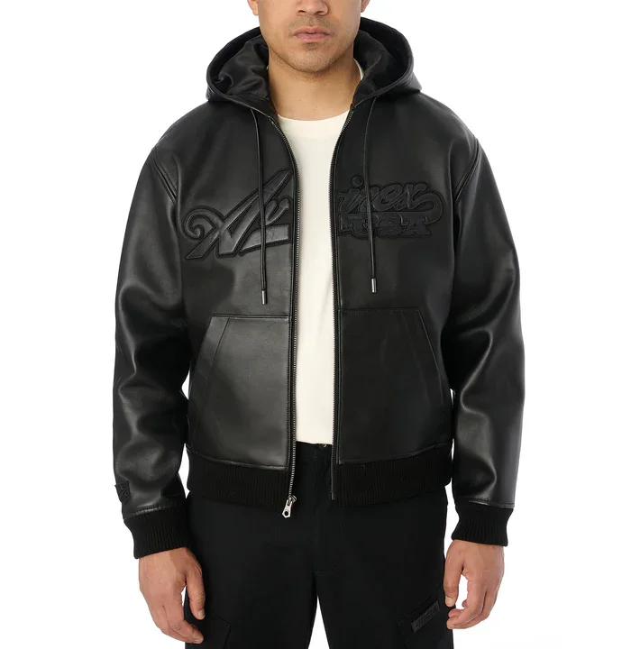 Avirax Script Nappa Leder Hoodie Schwarz – Premium Herren Leder Kapuzenjacke