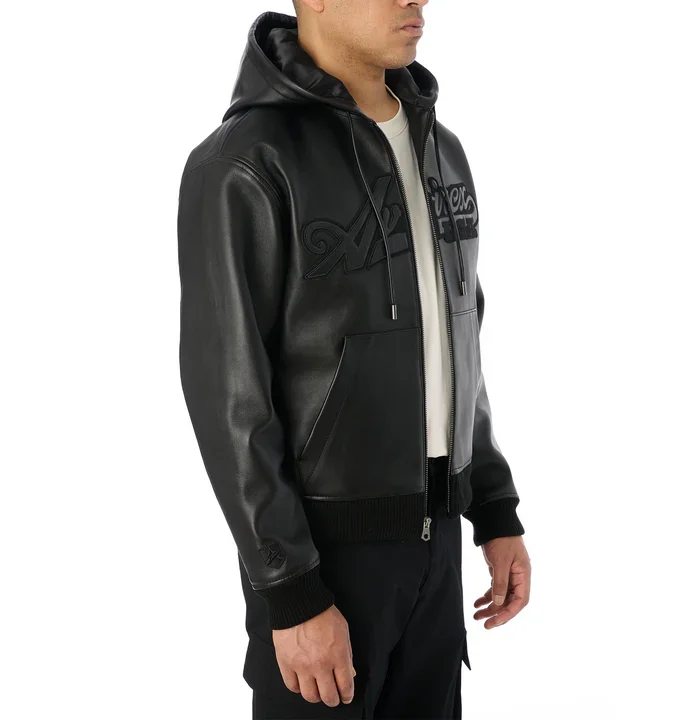 Avirax Script Nappa Leder Hoodie Schwarz – Premium Herren Leder Kapuzenjacke