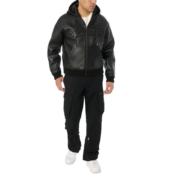Avirax Script Nappa Leder Hoodie Schwarz – Premium Herren Leder Kapuzenjacke