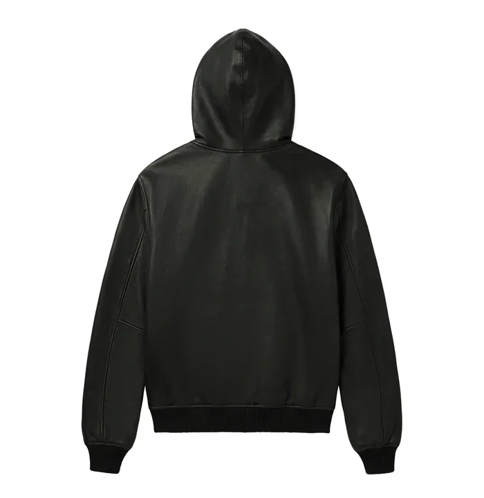 Avirax Script Nappa Leder Hoodie Schwarz – Premium Herren Leder Kapuzenjacke