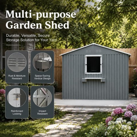 Capannone Metallico da Giardino 12x10 FT con 3 Finestre Trasparenti, Mensola per Fiori e Porta Serrabile – Capannone per Attrezzi Impermeabile e Resistente