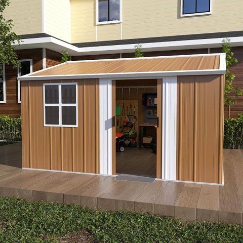 Cobertizo de Metal Premium de 12 pies x 10 pies con Ventanas, Estante para Flores y Puerta Cerrable