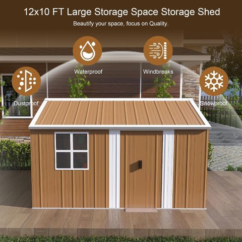 Cobertizo de Metal Premium de 12 pies x 10 pies con Ventanas, Estante para Flores y Puerta Cerrable