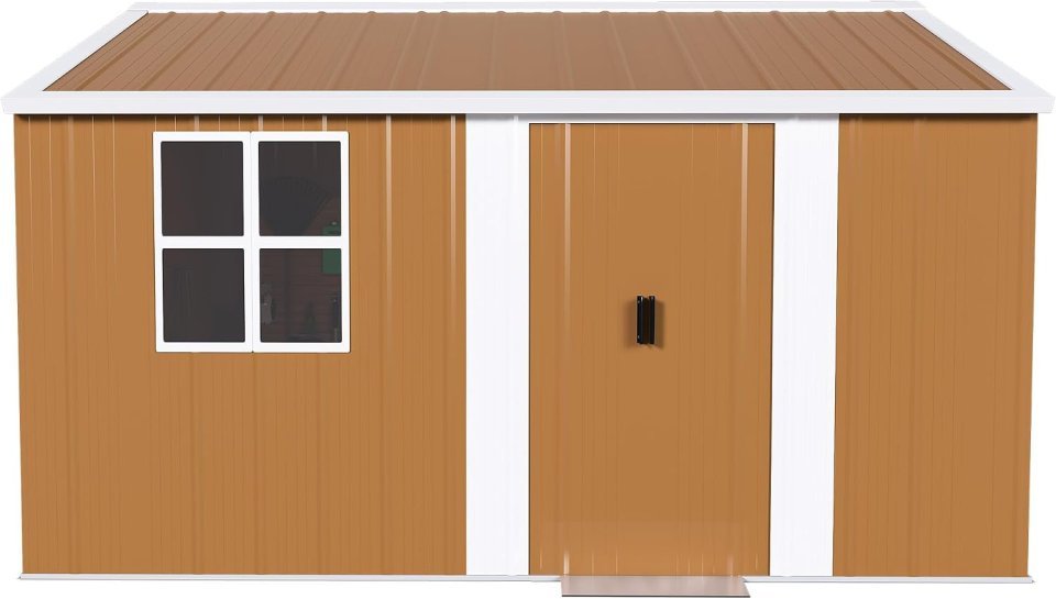 Cobertizo de Metal Premium de 12 pies x 10 pies con Ventanas, Estante para Flores y Puerta Cerrable