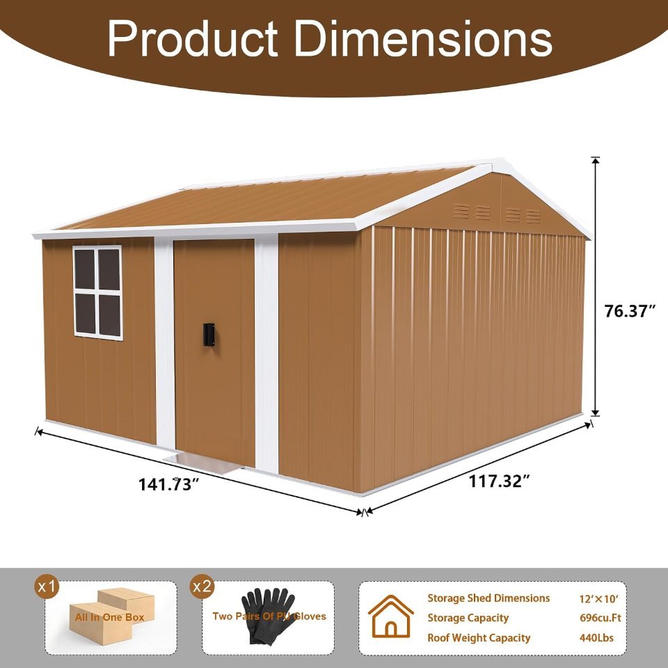 Cobertizo de Metal Premium de 12 pies x 10 pies con Ventanas, Estante para Flores y Puerta Cerrable