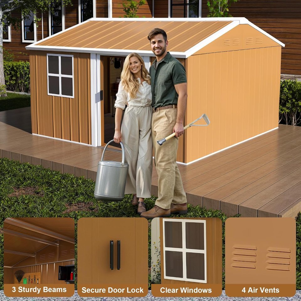 Cobertizo de Metal Premium de 12 pies x 10 pies con Ventanas, Estante para Flores y Puerta Cerrable
